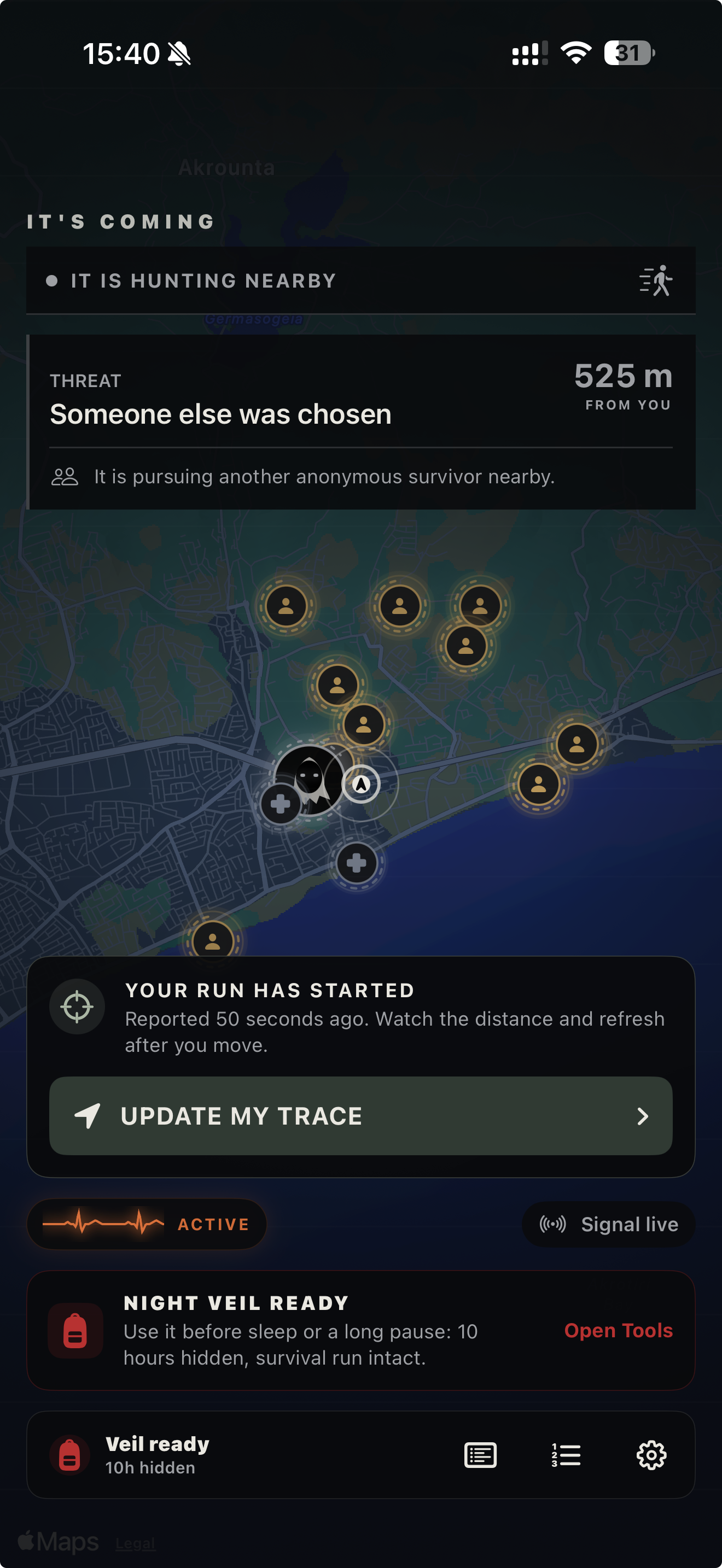 It's Coming gameplay map with nearby survivor signals and active run controls